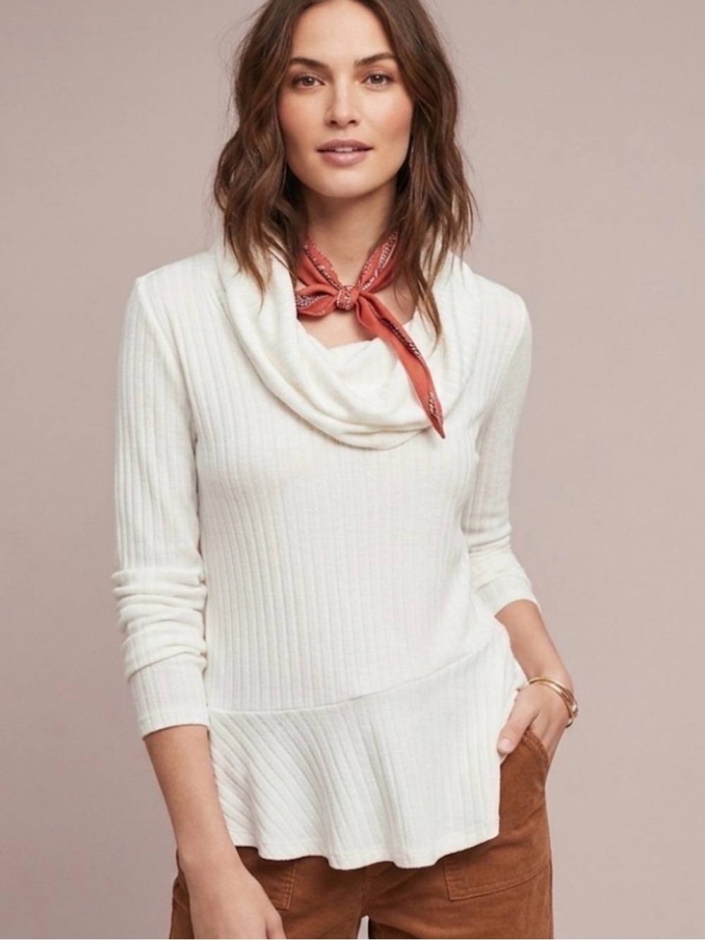 🤍✨ Maeve by Anthropologie Ivory Ribbed Cowl Neck Peplum Top‎ XS ✨🤍